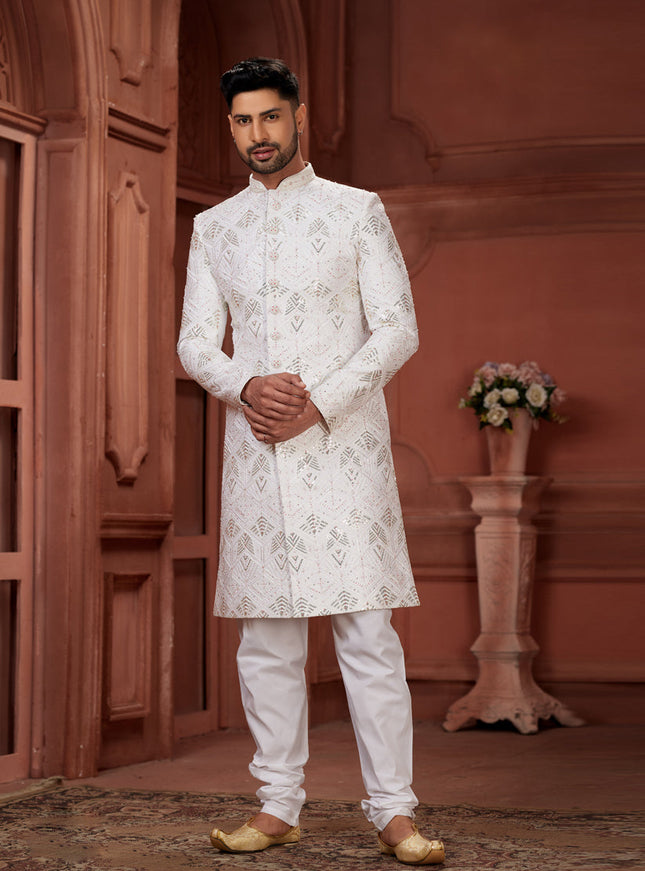 Off White Pure Silk Designer Wedding Sherwani