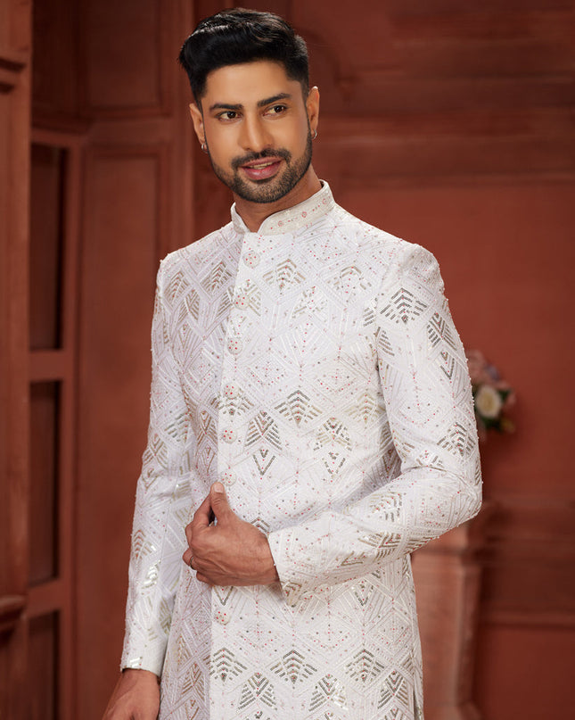 Off White Pure Silk Designer Wedding Sherwani