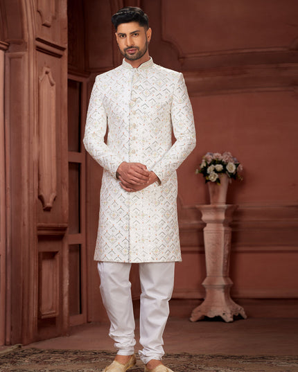 Off White Pure Silk Designer Wedding Sherwani