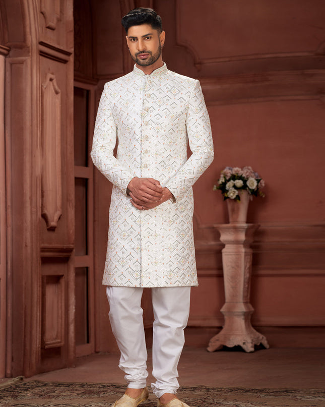 Off White Pure Silk Designer Wedding Sherwani