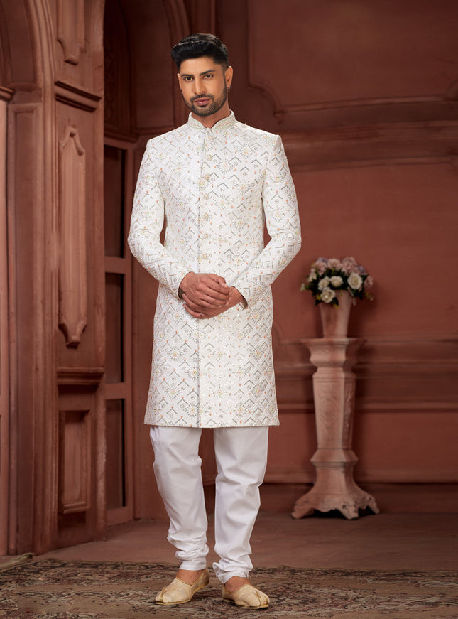Off White Pure Silk Designer Wedding Sherwani