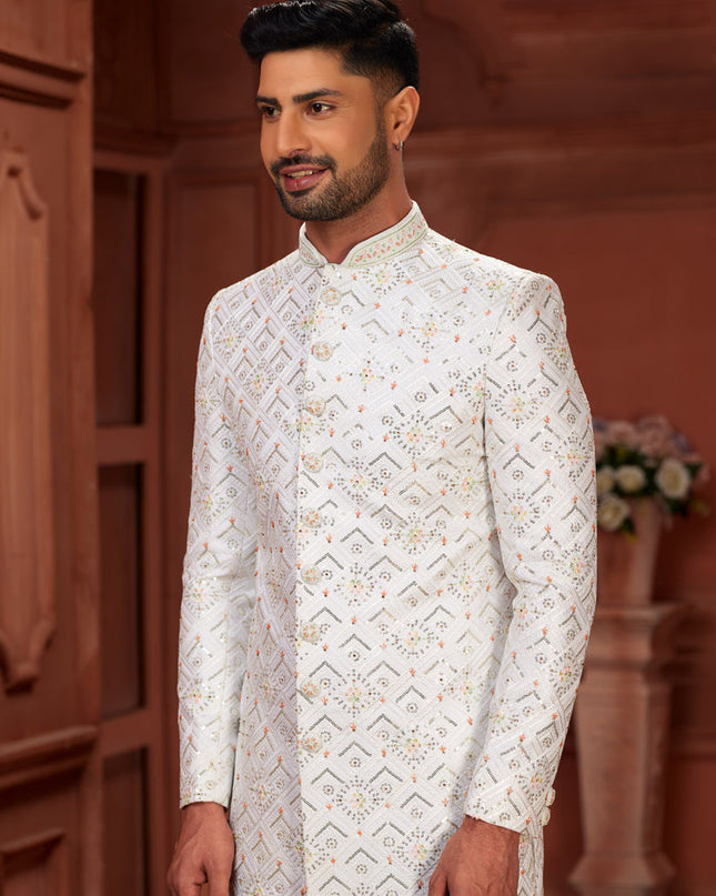 Off White Pure Silk Designer Wedding Sherwani