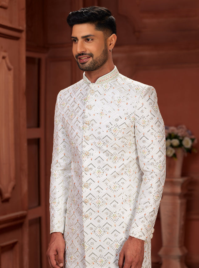 Off White Pure Silk Designer Wedding Sherwani