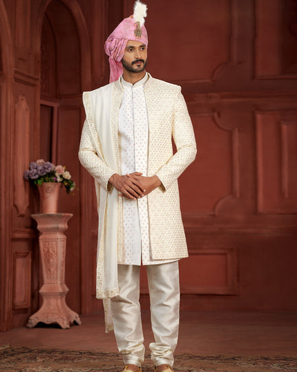Off White Pure Silk Designer Wedding Sherwani