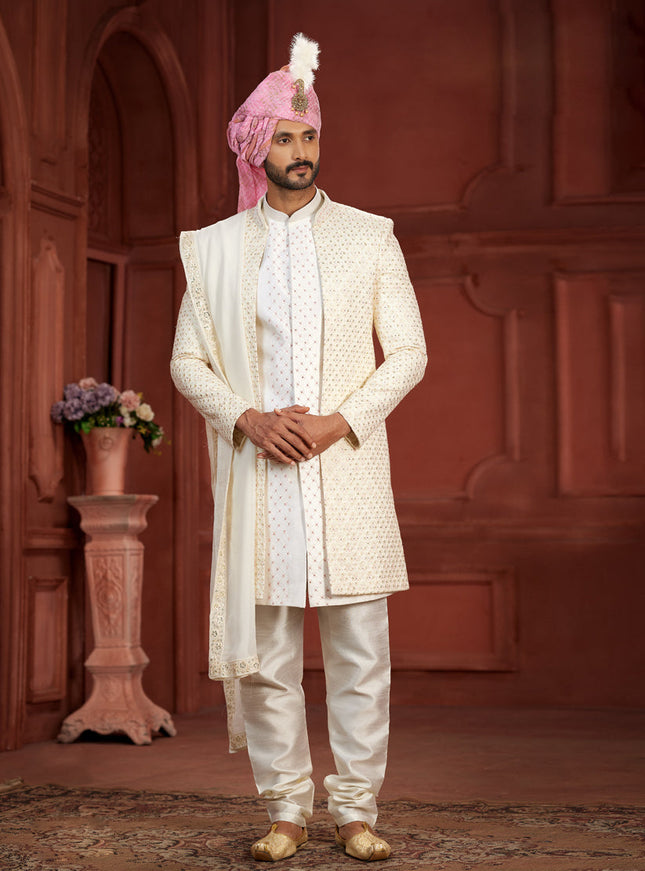Off White Pure Silk Designer Wedding Sherwani