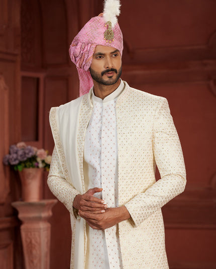Off White Pure Silk Designer Wedding Sherwani