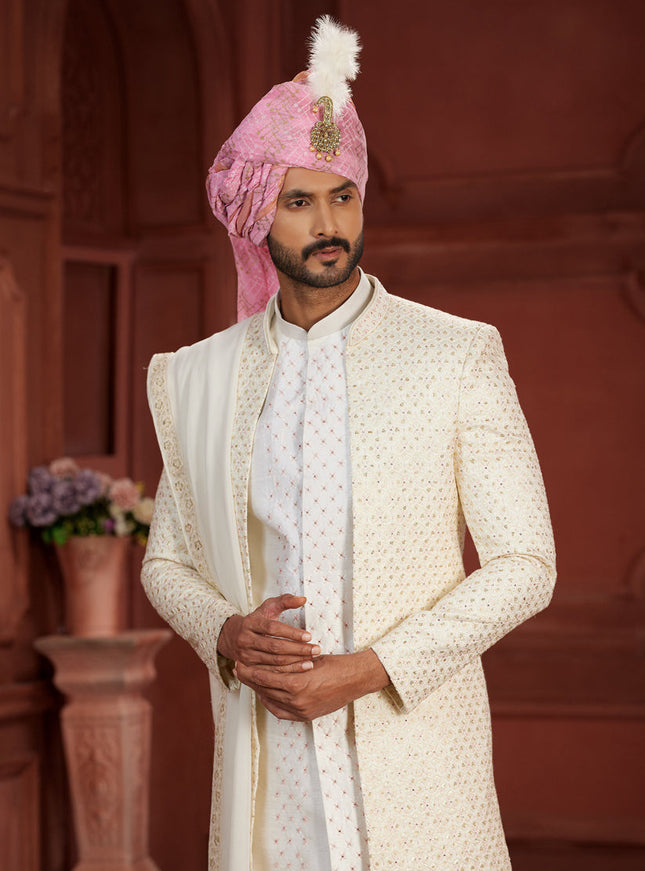 Off White Pure Silk Designer Wedding Sherwani