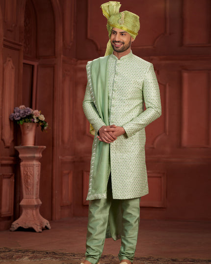 Pastel Green Pure Silk Designer Wedding Sherwani