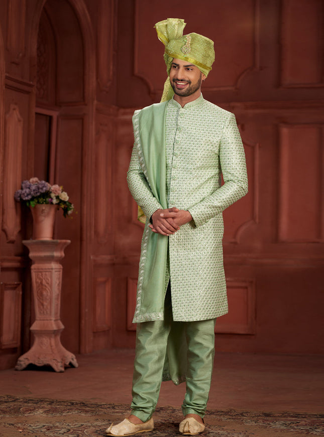 Pastel Green Pure Silk Designer Wedding Sherwani