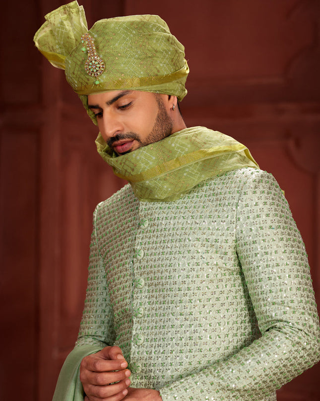 Pastel Green Pure Silk Designer Wedding Sherwani