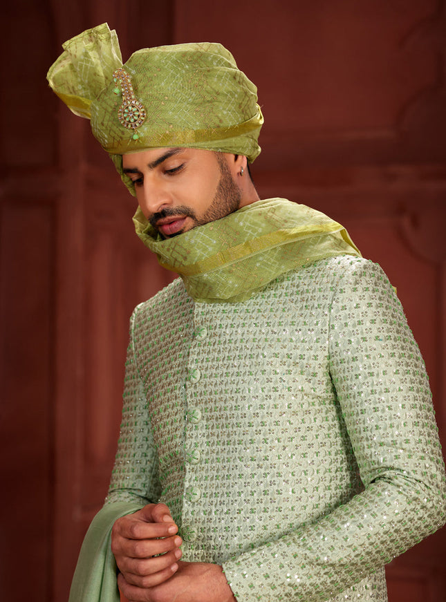 Pastel Green Pure Silk Designer Wedding Sherwani