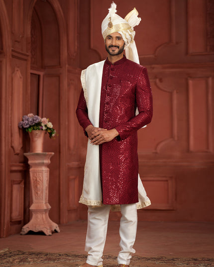 Maroon Pure Silk Designer Wedding Sherwani