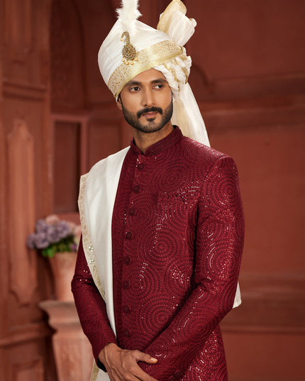 Maroon Pure Silk Designer Wedding Sherwani