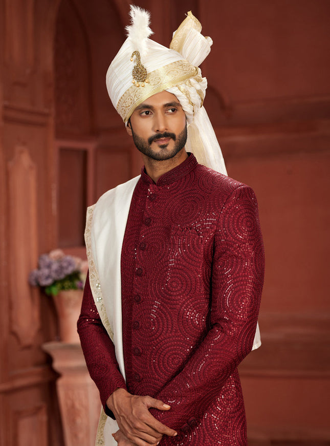 Maroon Pure Silk Designer Wedding Sherwani