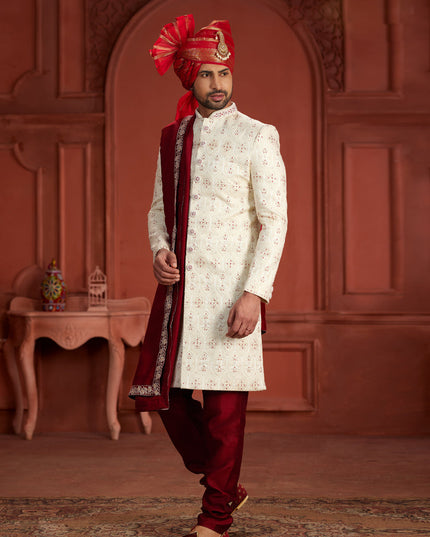 Cream Pure Silk Designer Wedding Sherwani