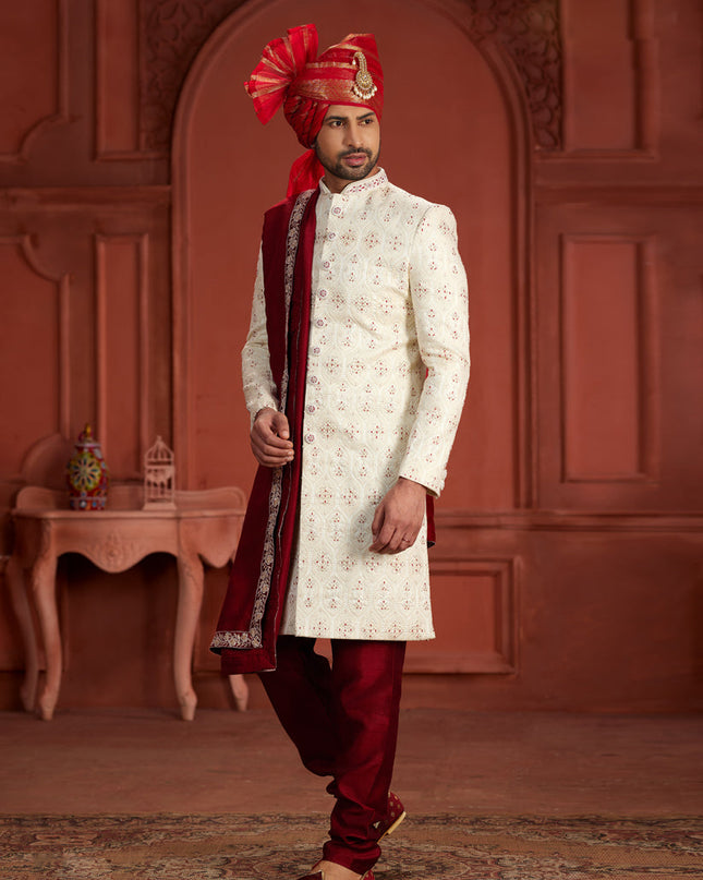 Cream Pure Silk Designer Wedding Sherwani