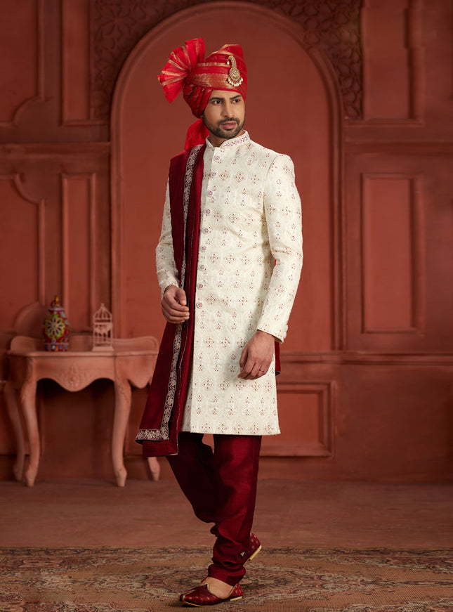 Cream Pure Silk Designer Wedding Sherwani