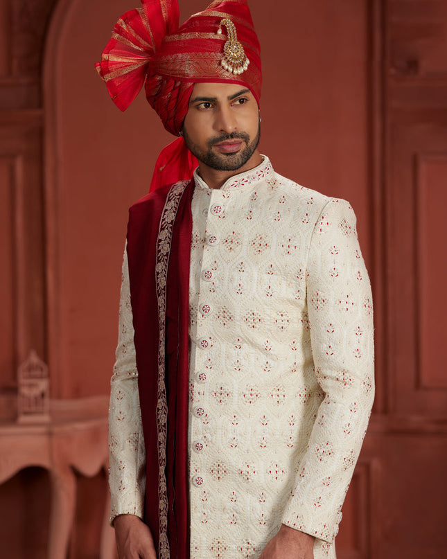 Cream Pure Silk Designer Wedding Sherwani