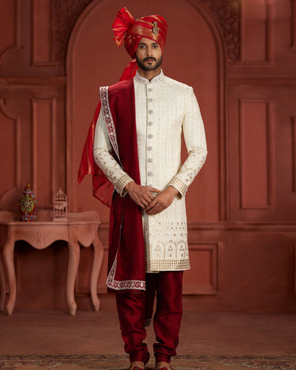 Cream Pure Silk Designer Wedding Sherwani