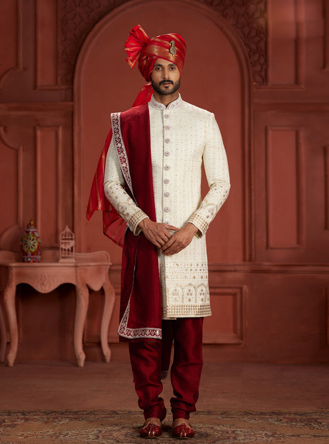 Cream Pure Silk Designer Wedding Sherwani