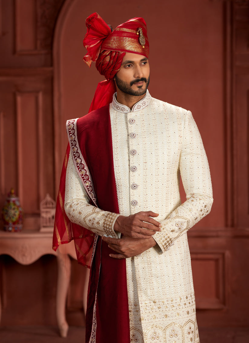 Cream Pure Silk Designer Wedding Sherwani