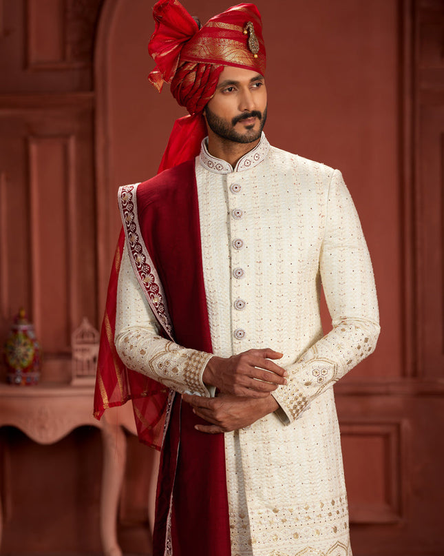 Cream Pure Silk Designer Wedding Sherwani