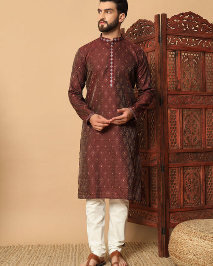 Garnet Brown Jacquard Mens Kurta Pajama Set