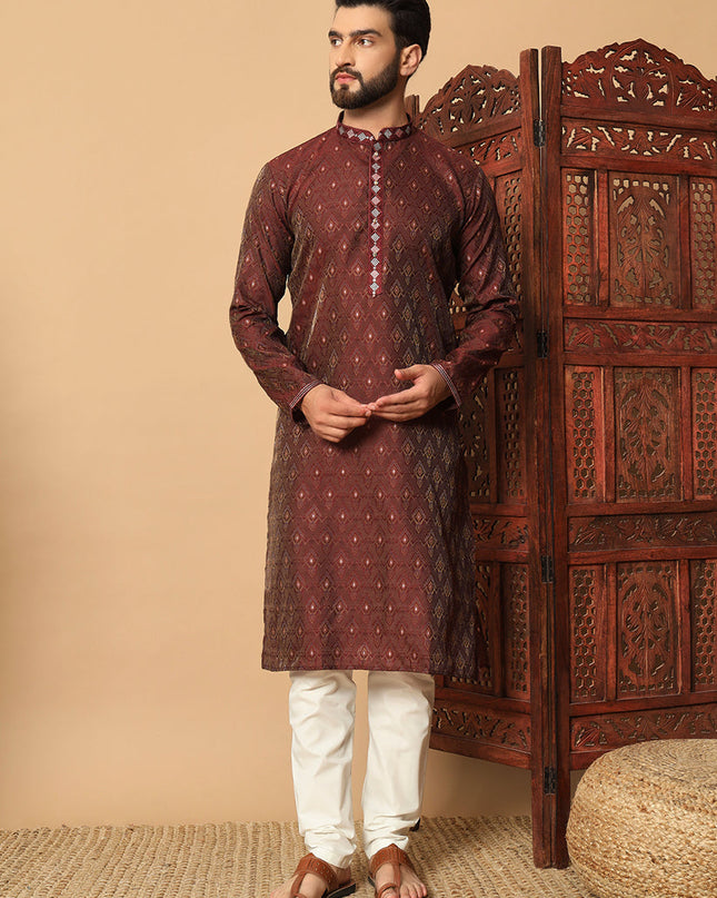 Garnet Brown Jacquard Mens Kurta Pajama Set