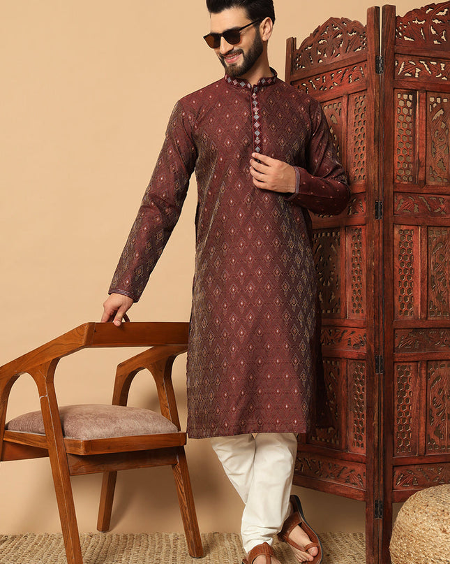 Garnet Brown Jacquard Mens Kurta Pajama Set