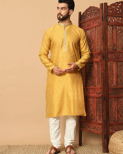 Yellow Jacquard Mens Kurta Pajama Set