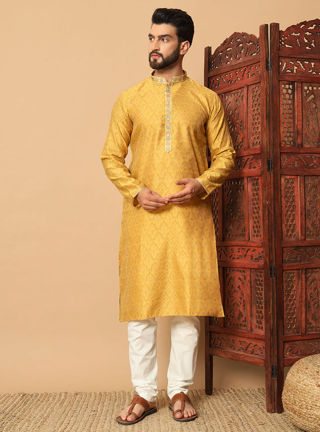 Yellow Jacquard Mens Kurta Pajama Set