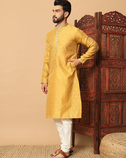 Yellow Jacquard Mens Kurta Pajama Set