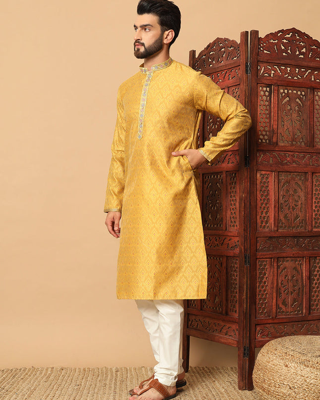 Yellow Jacquard Mens Kurta Pajama Set