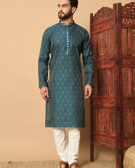 Teal Blue Jacquard Mens Kurta Pajama Set