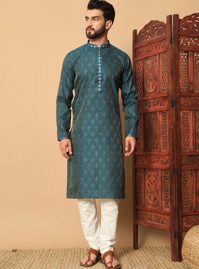 Teal Blue Jacquard Mens Kurta Pajama Set