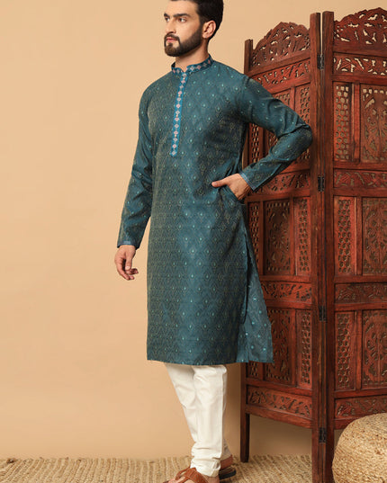 Teal Blue Jacquard Mens Kurta Pajama Set