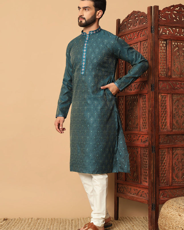 Teal Blue Jacquard Mens Kurta Pajama Set