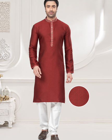 Maroon Jacquard Mens Kurta Pajama Set