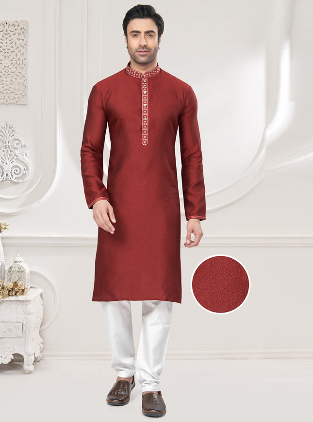 Maroon Jacquard Mens Kurta Pajama Set