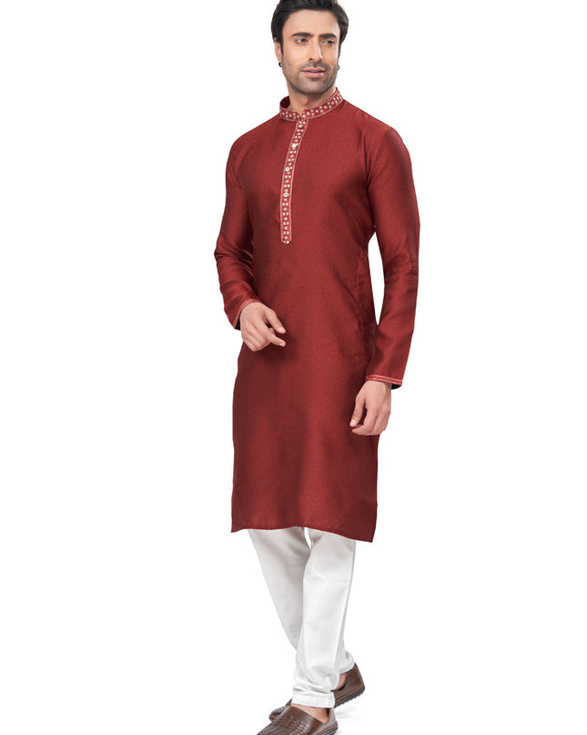 Maroon Jacquard Mens Kurta Pajama Set