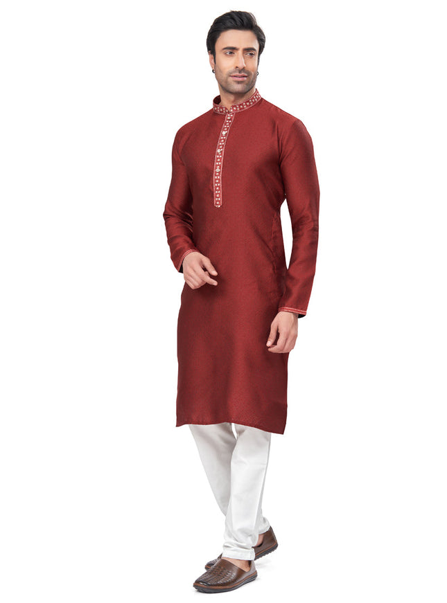 Maroon Jacquard Mens Kurta Pajama Set