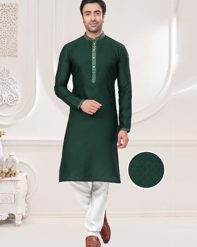 Bottle Green Jacquard Mens Kurta Pajama Set
