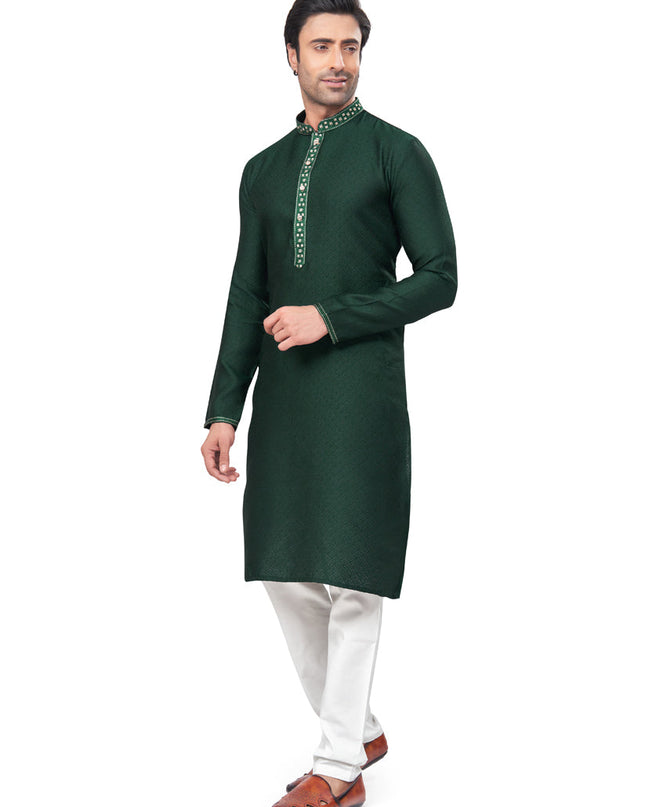 Bottle Green Jacquard Mens Kurta Pajama Set