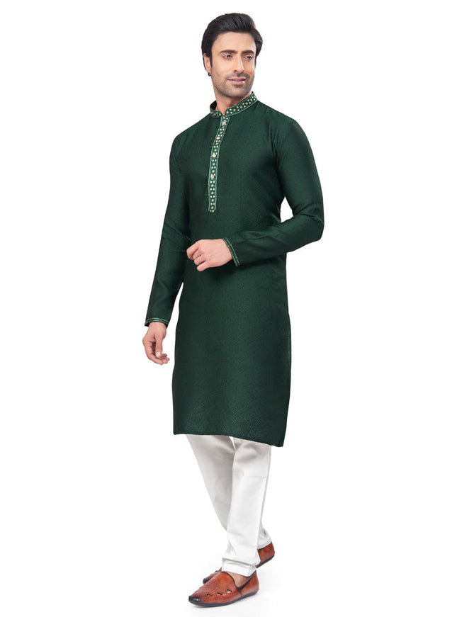 Bottle Green Jacquard Mens Kurta Pajama Set