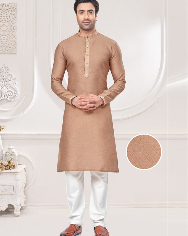 Beige Jacquard Mens Kurta Pajama Set