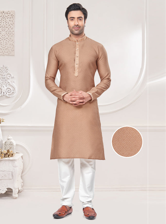 Beige Jacquard Mens Kurta Pajama Set