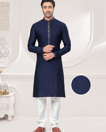 Navy Blue Jacquard Mens Kurta Pajama Set