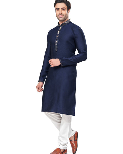 Navy Blue Jacquard Mens Kurta Pajama Set