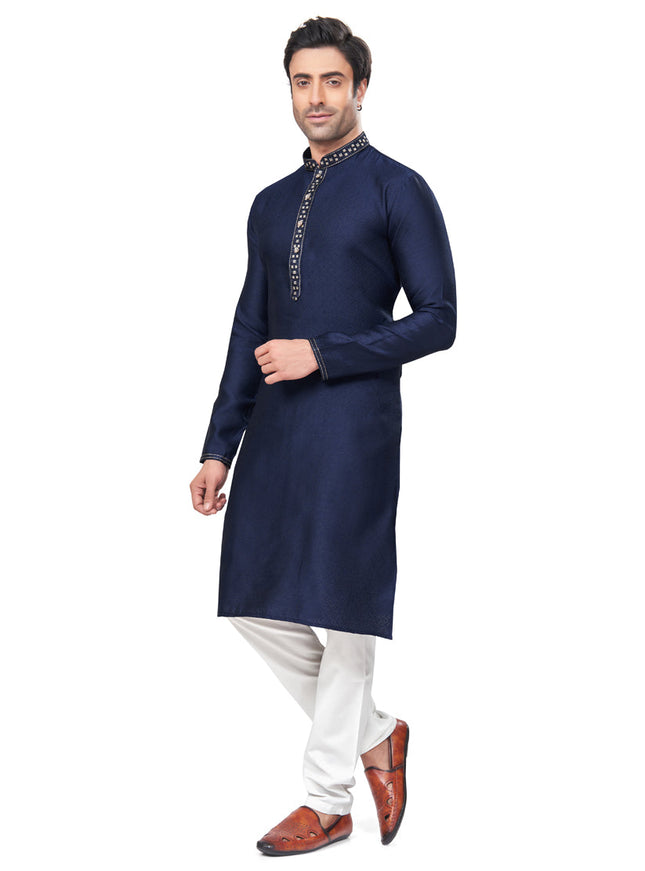 Navy Blue Jacquard Mens Kurta Pajama Set