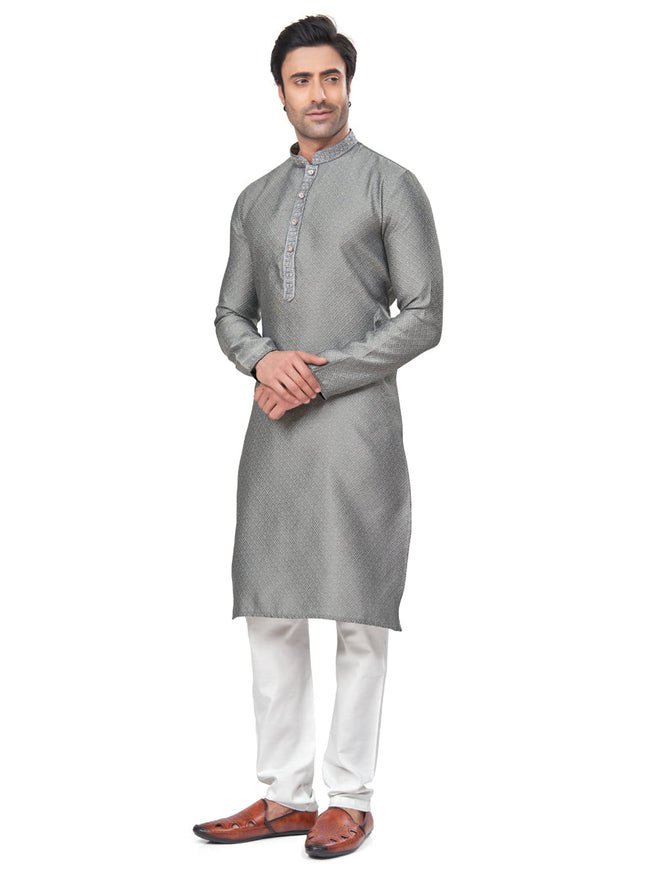 Smoke Grey Jacquard Mens Kurta Pajama Set